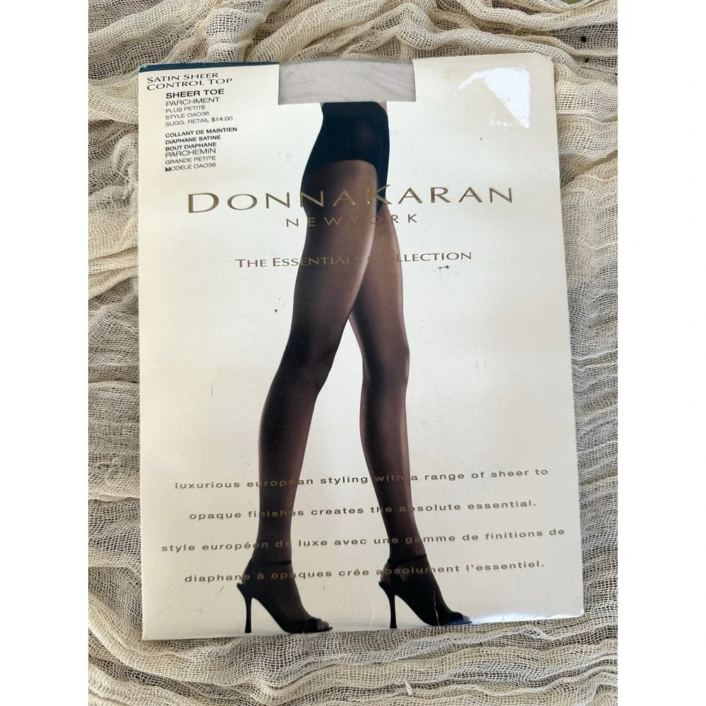 Donna Karan Parchment Satin Sheer Control Top Pantyhose Nylons Plus Petite OAO36